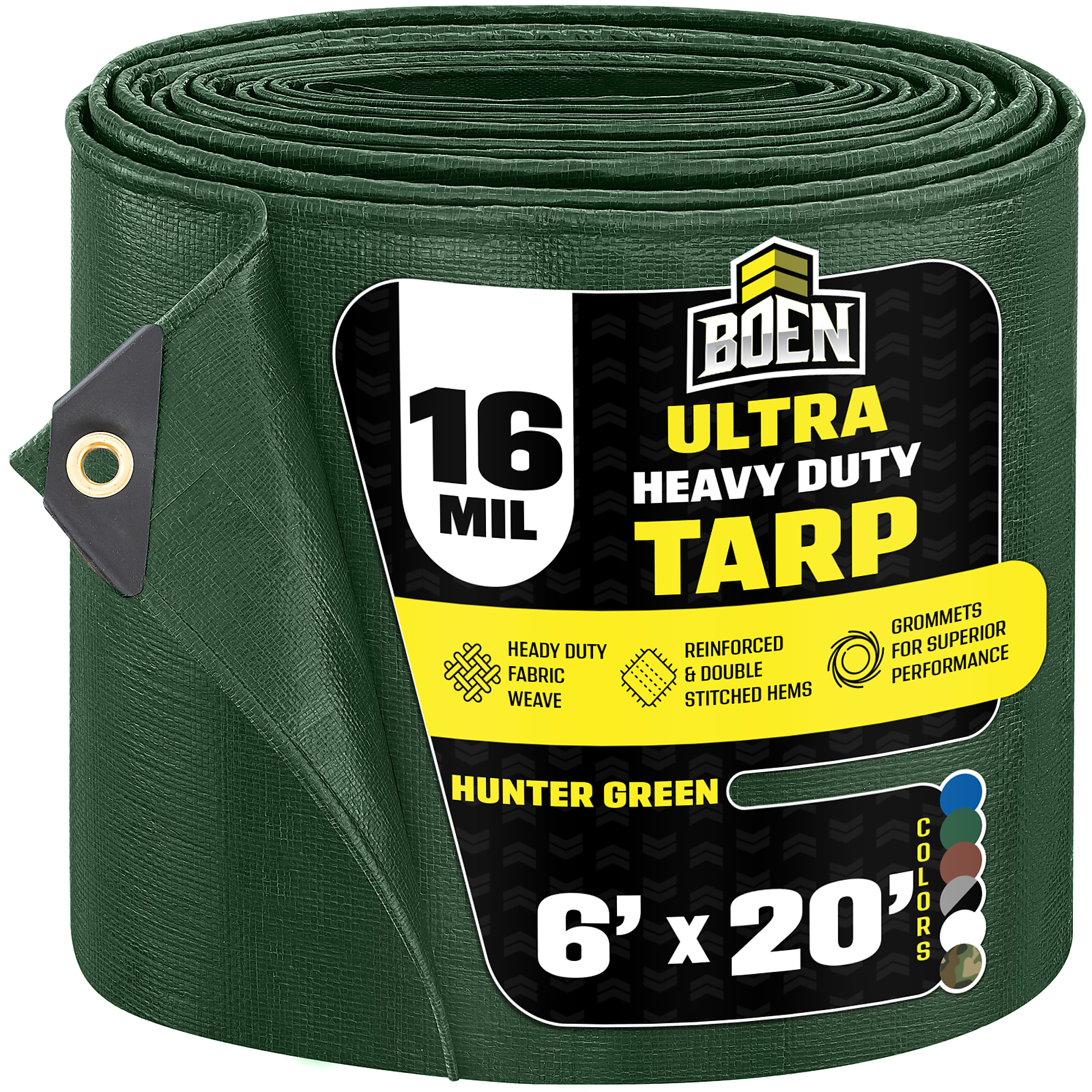 Boen 6 ft x 20 ft Hunter Green Tarp, 16 Mil Thick Waterproof Ultra Heavy Duty Cover, Rip Proof Tarps, Thick Weave Material, UV Resistant Great for Tarpaulin Canopy Tent, Boat, RV or Pool Cover